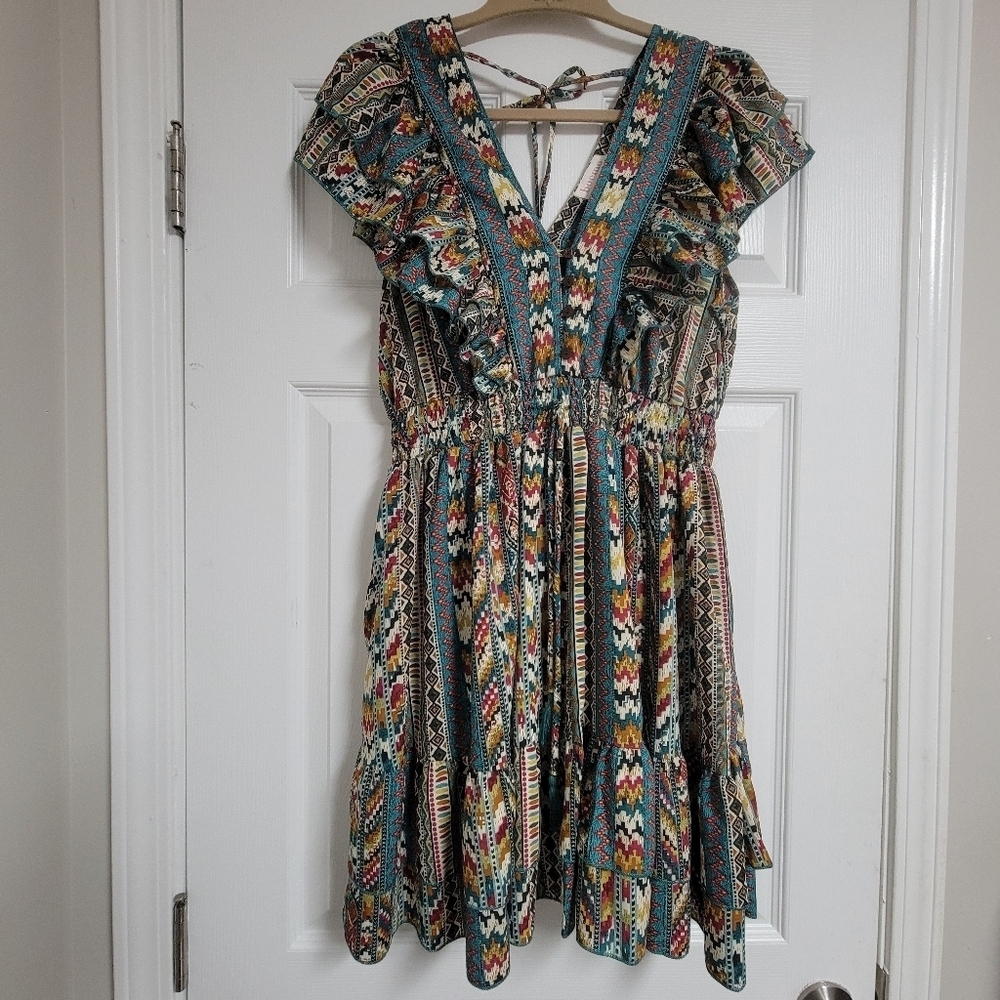 Antropologie Boemo Aztec Soutwestern Ruffle Short Skeeve Boho Mini Dress. - Picture 3 of 7